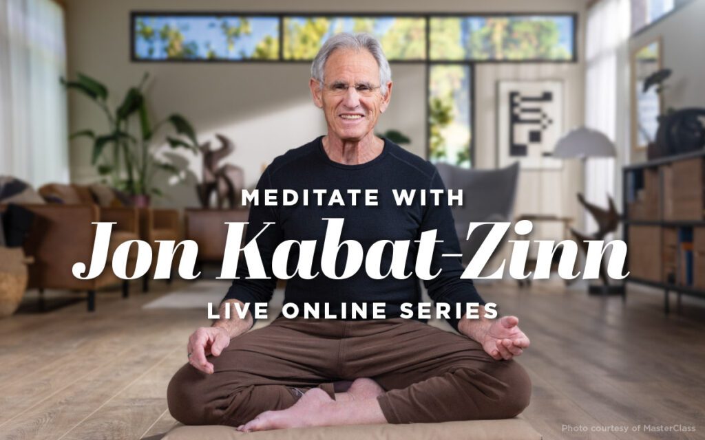 Portrait of Jon Kabat-Zinn, sitting cross-legged, with tile on top: Meditate with Jon Kabat-Zinn: Live Online Series.